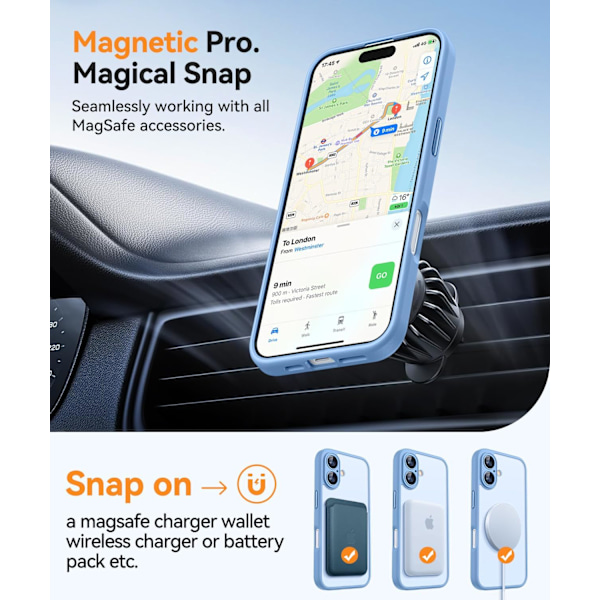 Magnetisk etui til iPhone 16 Pro Max med fuld kamerabeskyttelse [Kompatibel med Magsafe] [Gennemskinnelig mat] Beskyttende telefonetui, mat sort Light Blue iPhone 16
