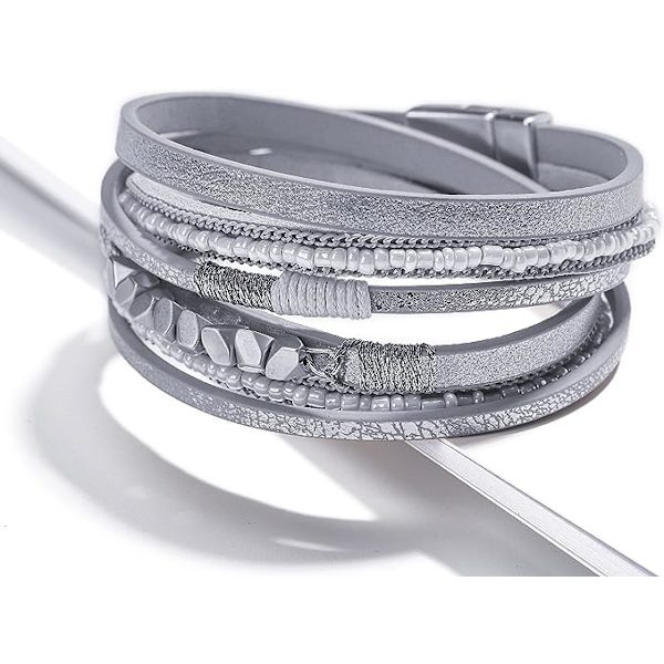 Läderomslag Armband för Kvinnor, Boho Leopard Flerskikts Kristallpärlor Manschett Armband Smycken