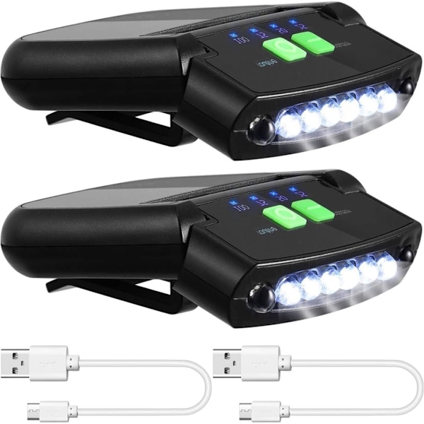 2-pack LED-klämmor för kepsar, USB-uppladdningsbara, vattentäta, superljusa, handsfree-huvudlampor