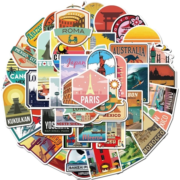 50 st Global Travel City Landscape Sticker Decal Vinyl för Scrapbooking Skateboard Laptop Gitarr Telefon Sticker Kid Toy