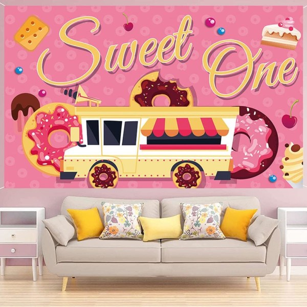 Truck Sweet One Bakgrund Glad 1:a Födelsedag Första Födelsedag Baby Flickor Donut Fotografering Bakgrund 1:a Födelsedagsfest Dekorationer Banner