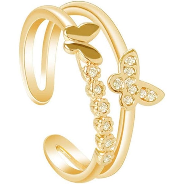 Snygg fjärilsring för kvinnor tonårsflickor Silver Rose Gold Dubbel fjärilsring Justerbar Crystal Butterfly Knoge Ring