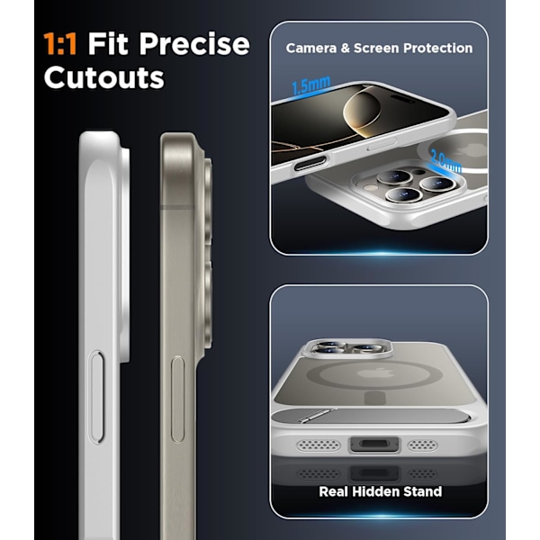 Magneettinen iPhone 16 Pro Max -kotelo, [Sisäänrakennettu näkymätön jalusta][Yhteensopiva MagSafe-tekniikan kanssa] [Sotilastason iskunkestävä] Ohut läpikuultava Silver for iPhone 16 Pro Max 6.9"