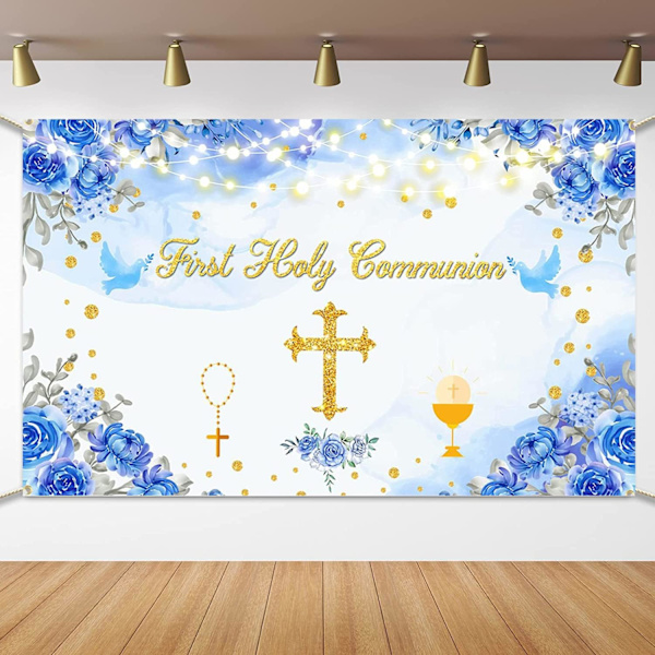 Första Högmässan Bakgrundsbanner Dop Dop Gud Välsigne Festdekorationer Banner Blå Första Högmässan Baby Shower Bakgrund för Pojkar