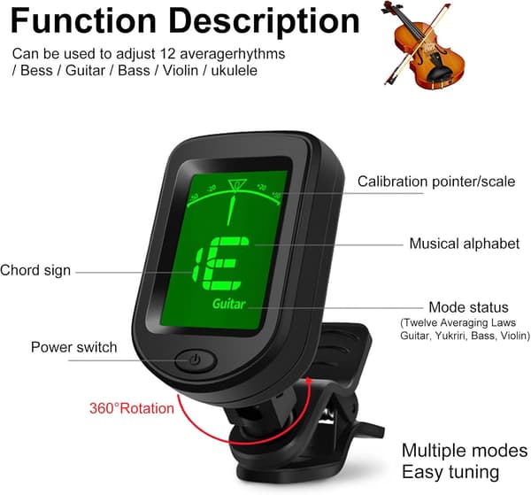 Gitarrstämmare Clip On - Digital Elektrisk Stämmare med LCD-skärm, Elektronisk Stämmare för Akustisk Gitarr, Elgitarr, Bas, Ukulele och mer