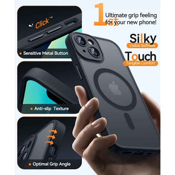 Magnetisk etui til iPhone 16 Pro Max med fuld kamerabeskyttelse [Kompatibel med Magsafe] [Gennemskinnelig mat] Beskyttende telefonetui, mat sort Black iPhone 13