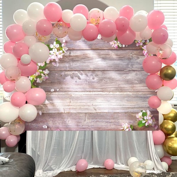 Blomstermønstret træbaggrund Grønne blade Rosa blomster Fotografi baggrund Baby shower Fødselsdagsfest Bryllupsdekoration Foto rekvisitter Banner (7x5FT)