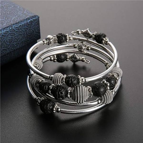 Turkos armband med chakra-pärlor, silverfärgat flerskiktsarmband med natursten, födelsedagspresent till kvinnor (färg 1)