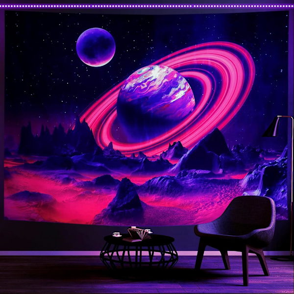 Blacklight Planet Tapestry UV Reactive Mountain Tapestry Galaxy Space Tapestry Starry Night Sky Tapestry Veggteppe for Hjemmedekorasjon(59.1\"x78.7\")