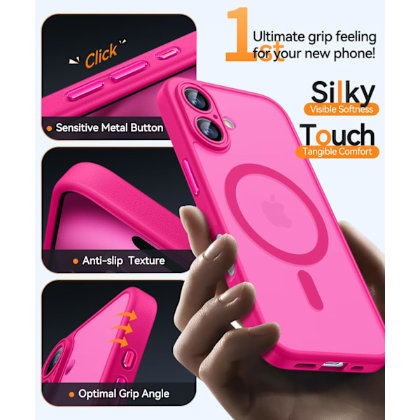 Magnetisk etui til iPhone 16 Pro Max med fuld kamerabeskyttelse [Kompatibel med Magsafe] [Gennemskinnelig mat] Beskyttende telefonetui, mat sort Hot Pink iPhone 16