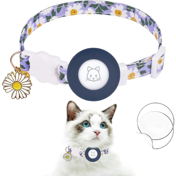AirTag Cat Collar - Kattungehalsband med silikonhållare - Lättvikts GPS-spårare med klockor och blomsterberlock Blå