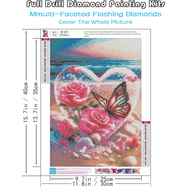 Blommor Heart Diamond Art Kit, 5D DIY Full Drill Seaside Butterflies Paint with Diamonds, Crystal Gem Art for Home Wall Decor 12 x 16 In