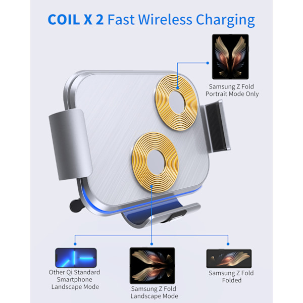 Bilholder til Galaxy Z Fold 4 3 2 med dobbelt spole trådløs oplader til Samsung W22 W21 foldbar telefon hurtig opladning