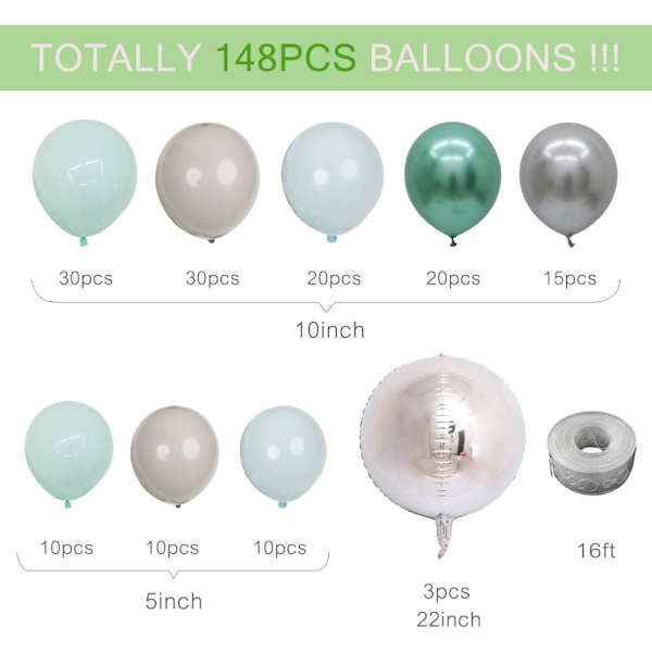 Ballonggirlang Kit Grön Silver Blå Krom Metallic Macaron Ballongbåge 148 st Ballonger med 16 fot Girlangremsa för Festdekoration
