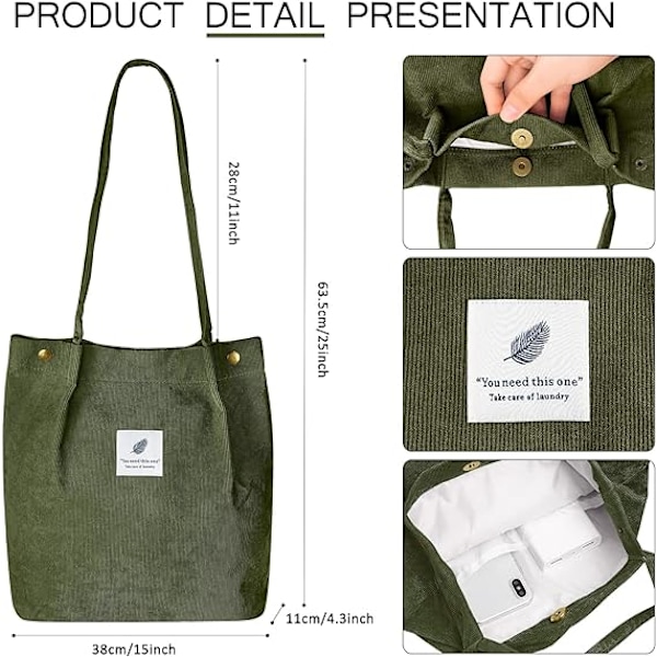 Kordväv Tote Bag för kvinnor Canvas Axelväska Kordsäck med innerficka