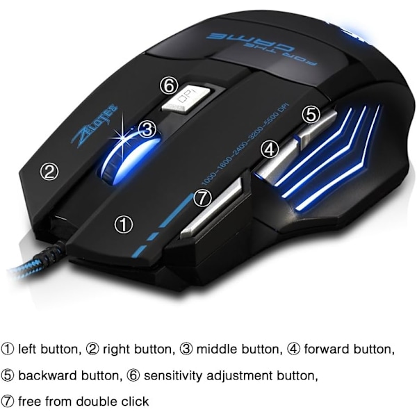 Kablet Gaming Mus ZELOTES Professionel LED Optisk 7200 DPI 7-Knaps USB Gaming Mus med Justerbar DPI Skift 7200/3200/2400/1600/1000 DPI