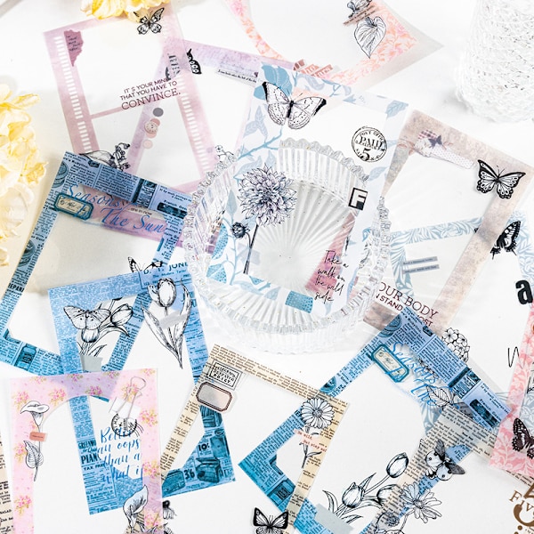 Scrapbook-tarrat 6 pakkausta, 20 kpl/pakkaus roskakoriin, vesipulloihin, kannettavaan tietokoneeseen, PET-esteettiset koristetarrat, päiväkirjatarvikkeet - kasvi- ja perhoskehys
