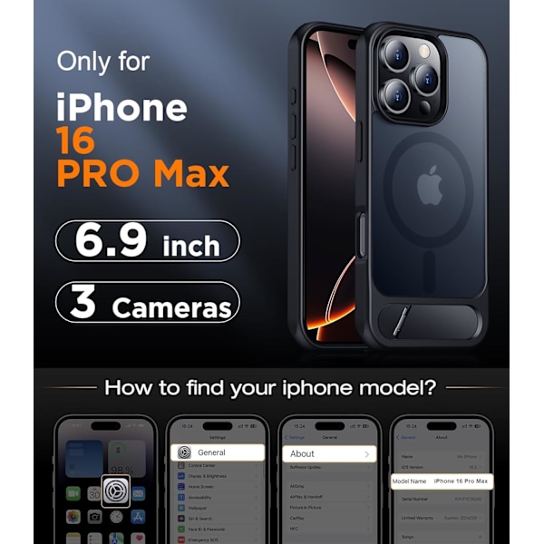 Magneettinen iPhone 16 Pro Max -kotelo, [Sisäänrakennettu näkymätön jalusta][Yhteensopiva MagSafe-tekniikan kanssa] [Sotilastason iskunkestävä] Ohut läpikuultava Black for iPhone 16 Pro Max 6.9"