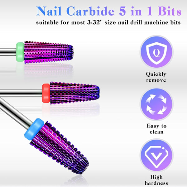 3 st Nail CaREide 5 i 1-bit, nagelborrset - 2-vägs rotation för både vänster- och högerhänta, 3/32 tum skaftstorlek