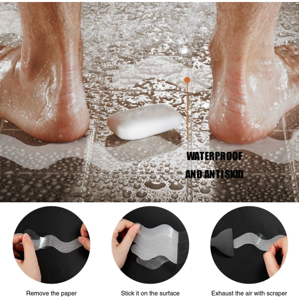 Patenterade anti-halk-duschklistermärken 24 st säkerhetsbadkarsremsor självhäftande dekaler med premiumskrapa för badkarsduschtrappor