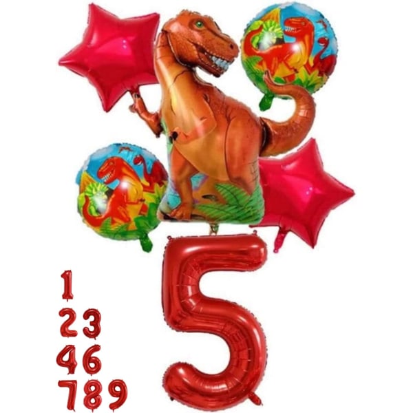 Dinosaur Party Decorations Set - Nummer 5 Ballong Rød, Dinosaur Ballonger, Dinosaur Bursdag Dekorasjoner, Dinosaur Dekorasjoner 5th Bursdagsfest