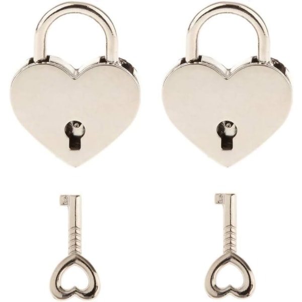 2 stycken litet metall hjärtformat hänglås minilås med nyckel för smyckeskrin förvaringslåda dagbok, silver