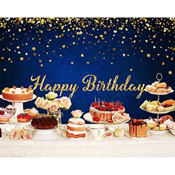 7x5ft Happy Birthday Bakgrunn for Menn Royal Blue Bakgrunner for Fotografering Golden Glitter Dots Bakgrunn 1. Fødselsdag Banner Dekorasjoner