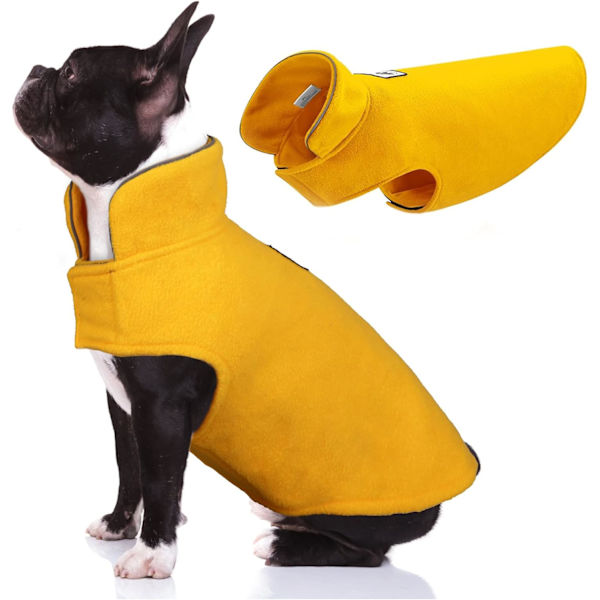 Vindtät vintervarm fleece liten hundkappa reversibel jacka reflekterande mjuk husdjursväst, kallt väder hundtröja kläder koppel överrock, gul, L