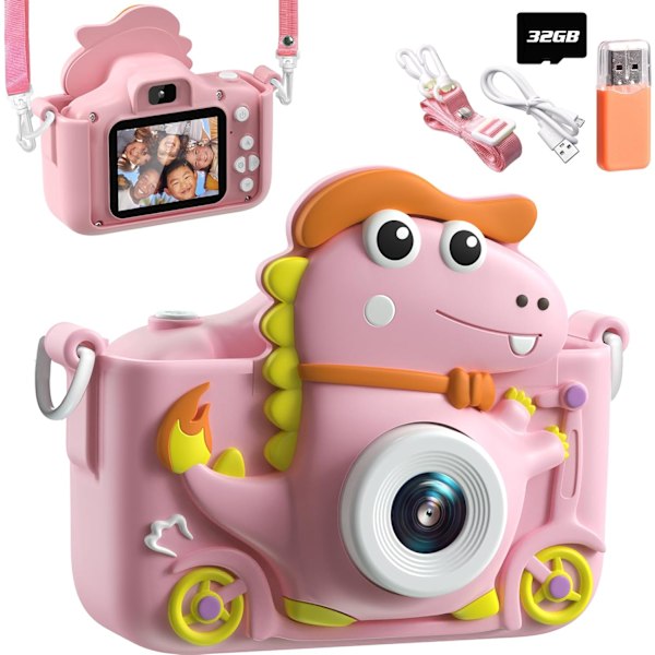 Dinosauruskamera, lasten kamera 2 tuuman näytöllä, 1080P, 32GB lasten selfiekamera, sopii kaikille 3-12-vuotiaille lapsille, pojille tai tytöille Pink