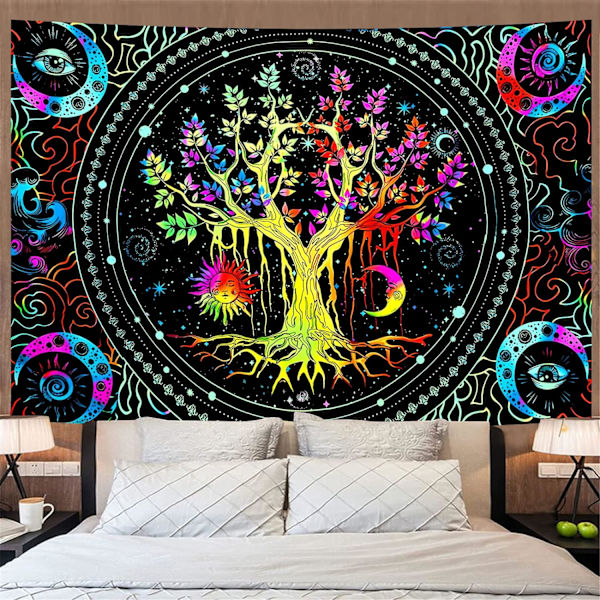 Svartljus Livets Träd Gobeläng Väggbonad Trippy Gobeläng UV-reaktiv Väggbonad Galaxgobeläng Svartljus Gobeläng för Sovrum (150x200cm)
