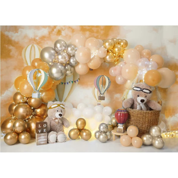 8x6ft Baby Första Födelsedag Bakgrund Guld Ballonger Björnen 1:a Födelsedagsfest Tårta Smash Bakgrunder för  Födelsedagsfest Dekorationer Bakgrund Fotografering Banner