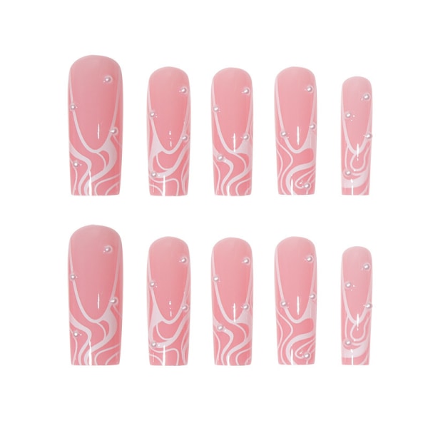 24 st Square Press on Nails Långa glansiga rosa falska naglar Akryl lösnaglar med pärldesign Extra långa franska randiga konstgjorda naglar