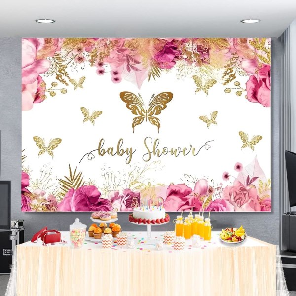5x3ft Fairy Gold Butterfly Baby Shower Bakgrund Fest Dekorationer Banner för Princess Rosa Lila Blomma Guld Fjäril Fotografi Bakgrund Banner