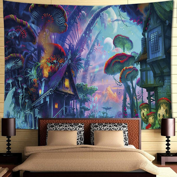 Trippy Forest Gobelin Vægophæng Svampe Landsby Gobelin Magisk Verden Gobelin Hippie Gobelin Vægdekoration til Soveværelse (150x200cm)