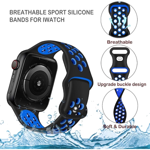 Kompatibel med Apple Watch-armband för män och kvinnor, andningsbart sportarmband i silikon för storlek: 42/44/45/49 mm/svart och blått