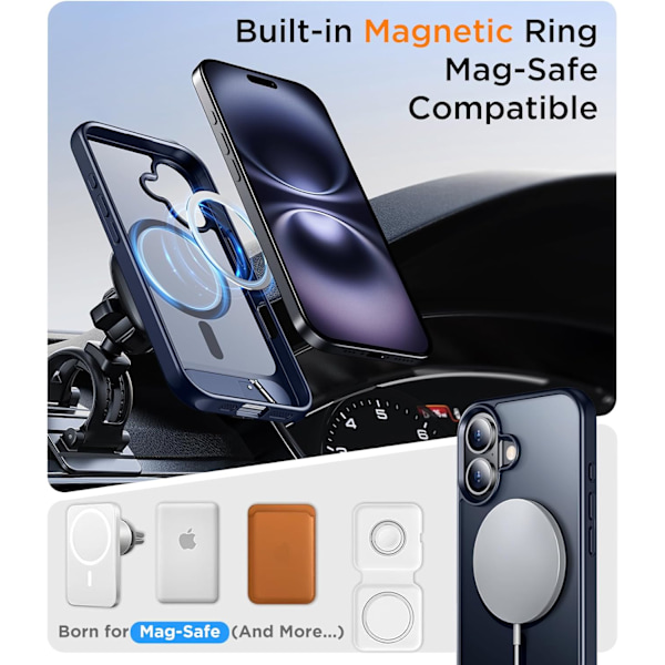 Magneettinen iPhone 16 Pro Max -kotelo, [Sisäänrakennettu näkymätön jalusta][Yhteensopiva MagSafe-tekniikan kanssa] [Sotilastason iskunkestävä] Ohut läpikuultava Blue for iPhone 16 Plus 6.7"