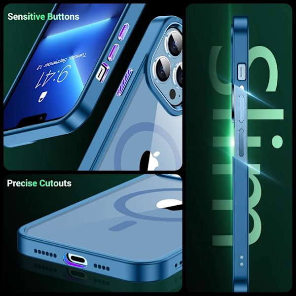 Magnetiskt kompatibel med iPhone 16 Pro Max-fodral, [Inbyggt osynligt stativ][Kompatibelt med MagSafe] [Militärklass stöttåligt] Smalt genomskinligt Clear-Blue iPhone 13 Pro Max