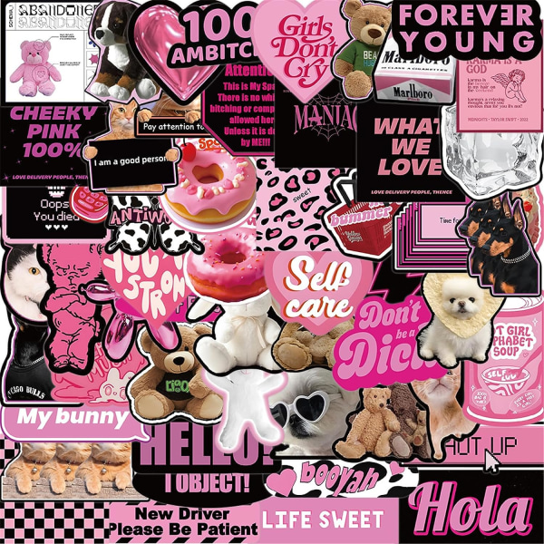 55 delar Kawaii, svart & rosa tema, vattentät | Klistermärken för barn, flickor, tonåringar, bärbar dator, vattenflaska, cyklar, motorcykelskateboards