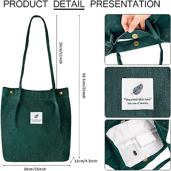 Kordväv Tote Bag för kvinnor Canvas Axelväska med Innerficka