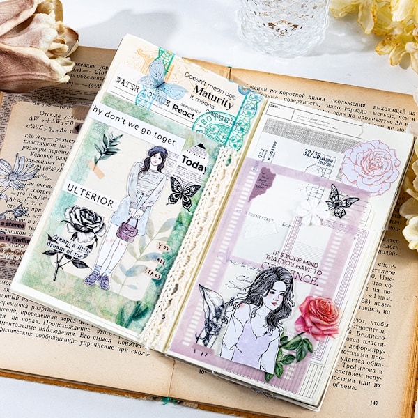 Scrapbook-tarrat 6 pakkausta, 20 kpl/pakkaus roskakoriin, vesipulloihin, kannettavaan tietokoneeseen, PET-esteettiset koristetarrat, päiväkirjatarvikkeet - kasvi- ja perhoskehys