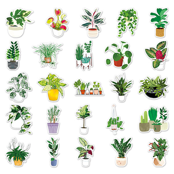 Grønne Plante Stickers | 50 stk | Trendy Vandtætte Vinyl Stickers til Telefon, Bagage, Kolber, Vandflasker, Cykel, Bil, Tablet, Notesbog, Scrapbog, Tegneserie Dekaler