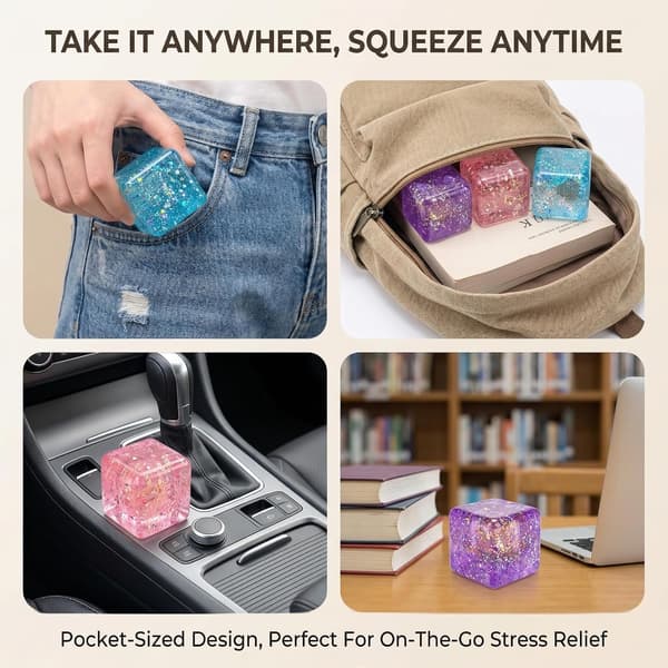 Squishy Blå Terning Sukker Stressbold Fidgetlegetøj, Glitter Sensorisk Klemme Fidgetlegetøj til Drenge og Piger, Iskubs Sukker Stressaflastende Bold til