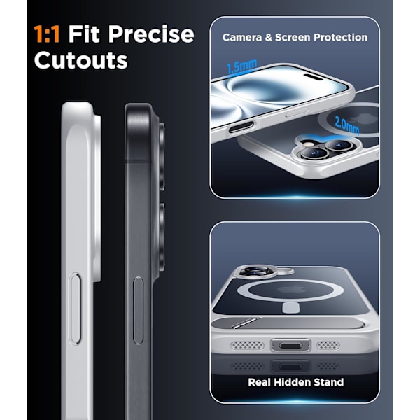 Magneettinen iPhone 16 Pro Max -kotelo, [Sisäänrakennettu näkymätön jalusta][Yhteensopiva MagSafe-tekniikan kanssa] [Sotilastason iskunkestävä] Ohut läpikuultava Silver for iPhone 16 6.1"