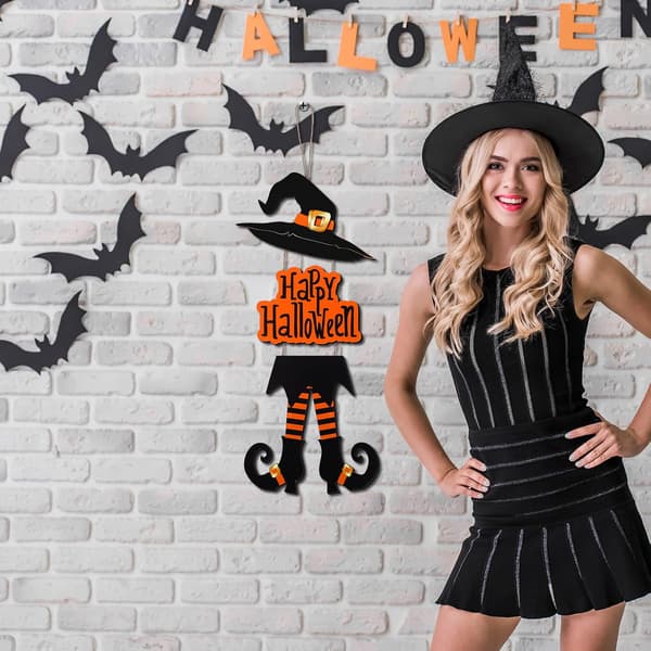 Halloween Glad Skylt Dekoration Hekseben Hat Hængende Trævægindretning Version Rustik Yderdør Hænger Efterår Kunst Ornament