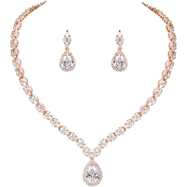 White Gold/Gold Plated Women Cubic Zirconia CZ Marquise Teardrop Bridal Tennis Necklace and Drop Earring Set for Wedding Brides