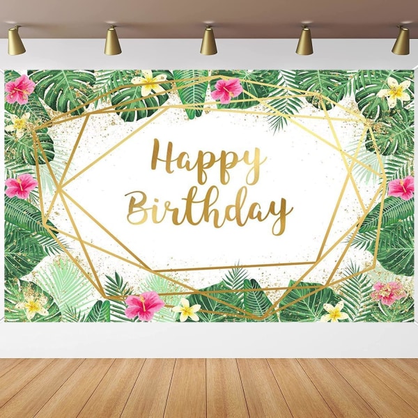 Hawaiiansk grattis på födelsedagen bakgrund guld glitter palmblad fotografering bakgrund hawaiianska tropiska blommor födelsedagsfest dekoration banner