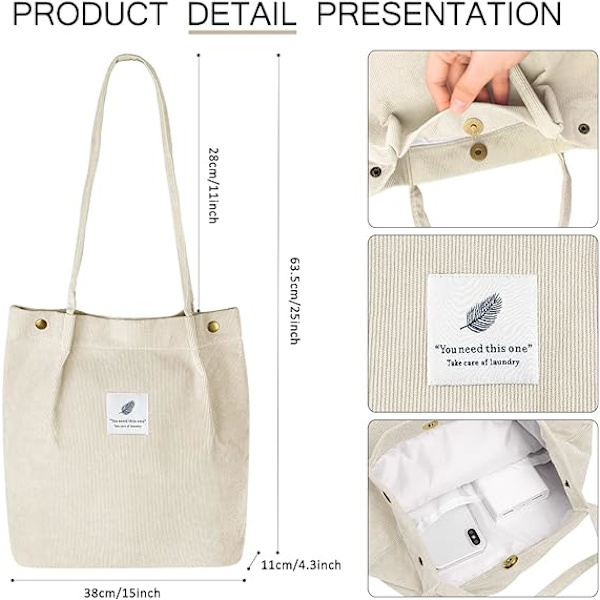 Kordväv Tote Bag för Kvinnor Canvas Axelväska med Innerficka