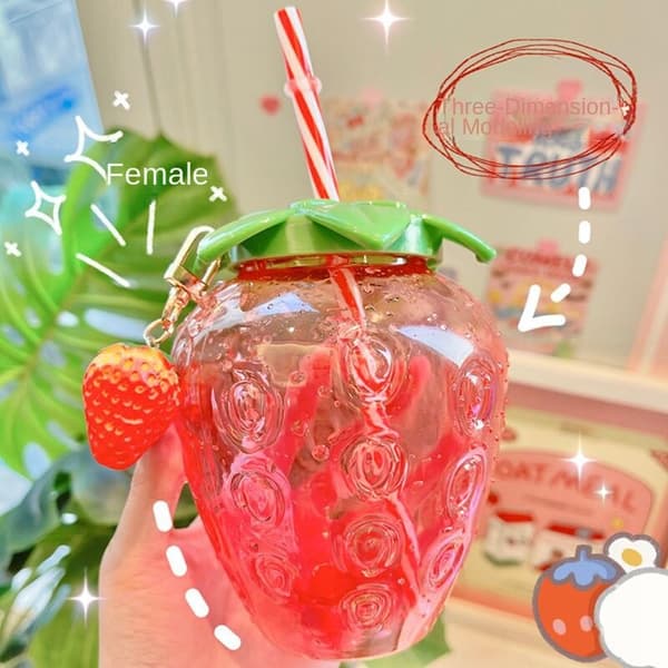 500 ml Strawberry Straw Cup, Cute Milk Tea Cup, Portable