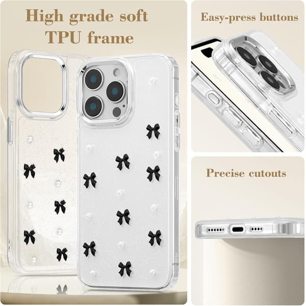 Case for iPhone 15 Pro Max, Bling Glitter 3D Bow Phone Case Cute Glittery Crystal Clear Bow Slim Soft Durable Protective Cover Black Black iPhone 15 Pro Max