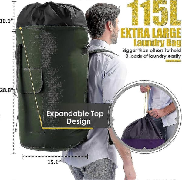 Nye modeller vaskepose ekstra stor kraftig, 115L vaskeryggsekk, solid vaskepose med stropper, militærgrønn vaskepose for studenter, topplast 10 10